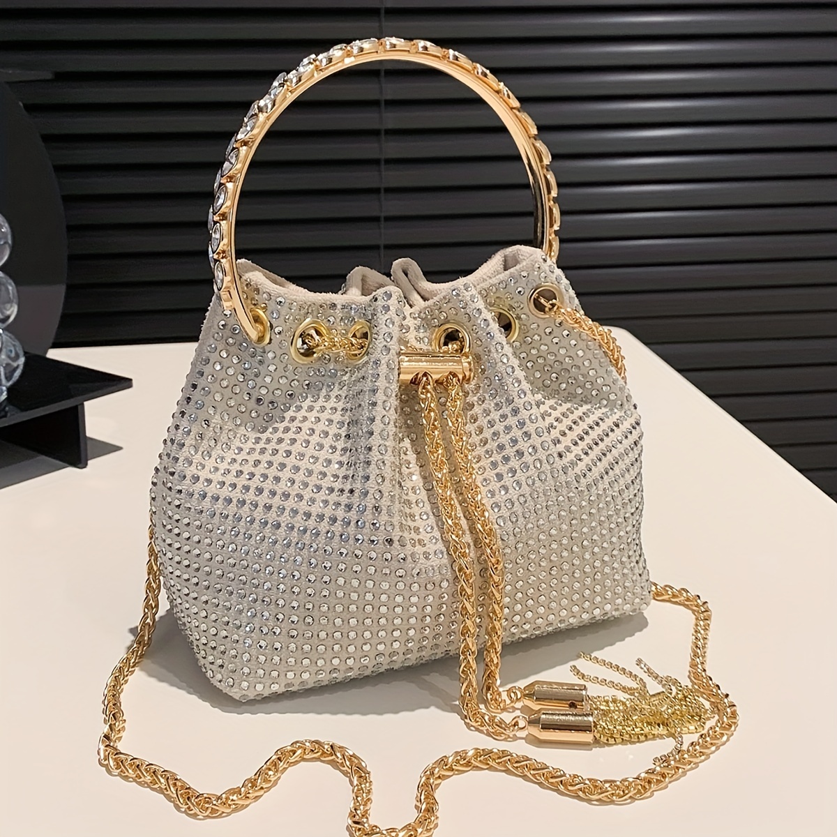 

All Over Bright Rhinestone Bucket Bag, Drawstring Small Banquet Satchel Bag, Women's Luxury Dinner Shoulder Chain Bag And For Music Festival