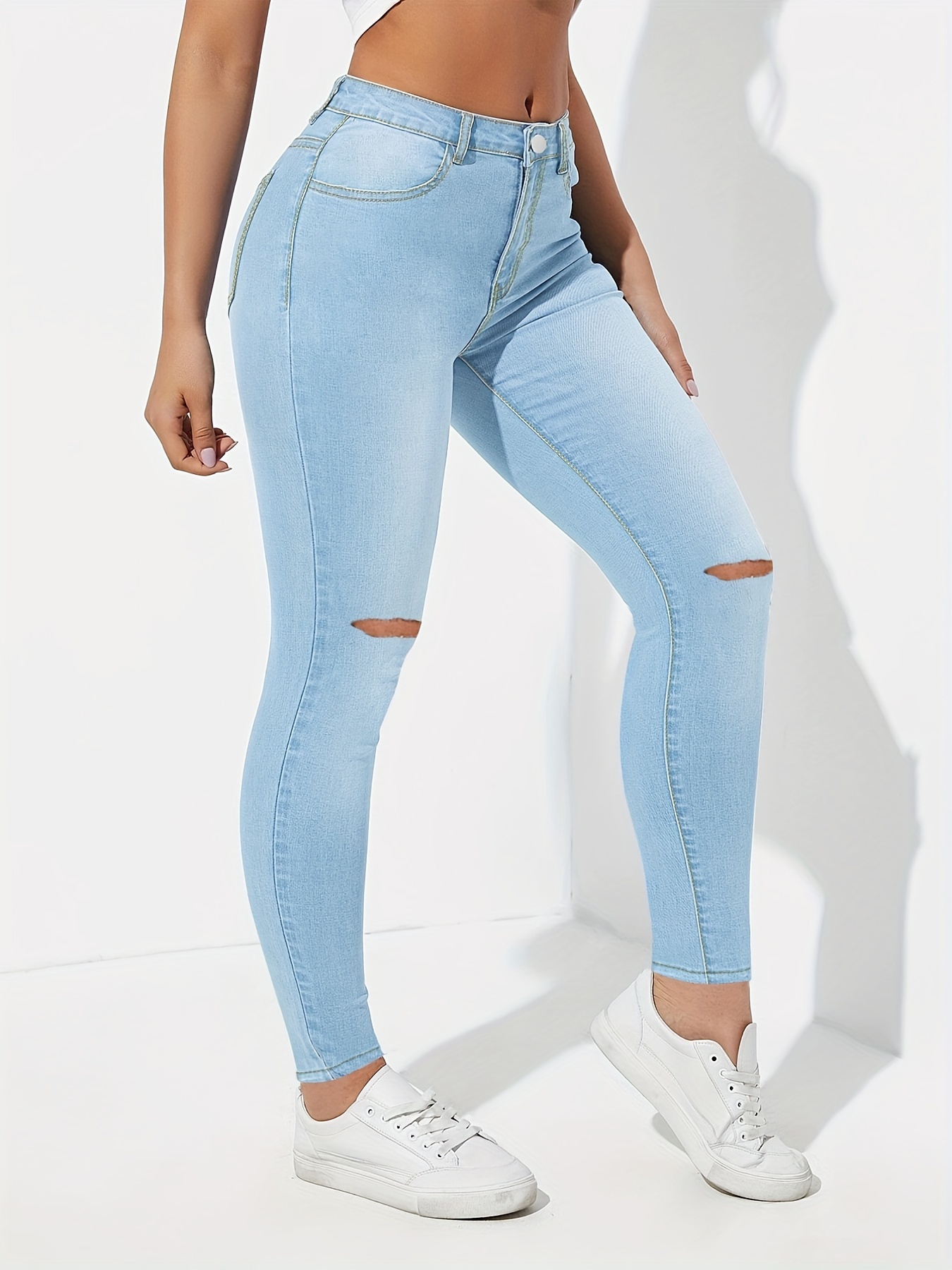 High Ripped Knees Skinny Jeans Tight Fit Stretchy - Temu
