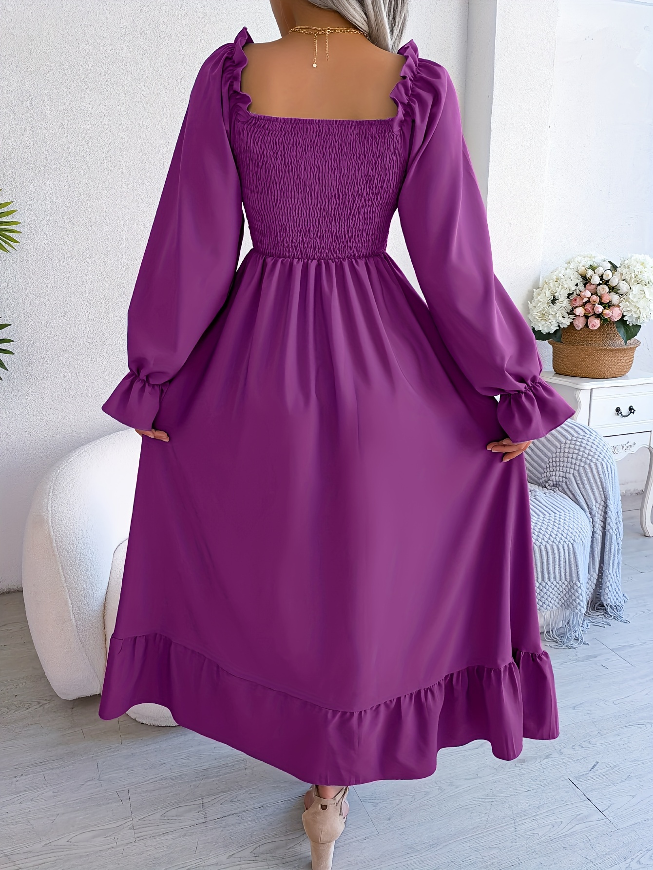 Ruffle Trim Solid Dress Elegant Shirred Long Sleeve Maxi - Temu