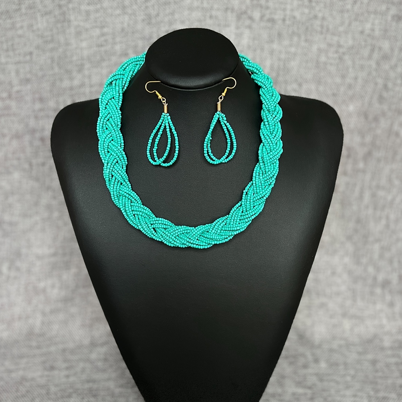 

Bohemian Ethnic Style Jewelry Set, Handmade Woven Short Rice Bead Mint Blue Necklace And Earring Set For Party And Stage Wearing