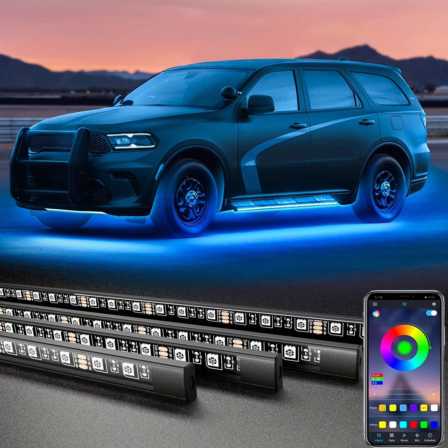 4pcs RGB Car Led Lights Bar,Car Led Lights With App, Music Mode Car  Underglow Strip Lights, Waterproof Underglow LED Light Kit For SUVs,Trucks