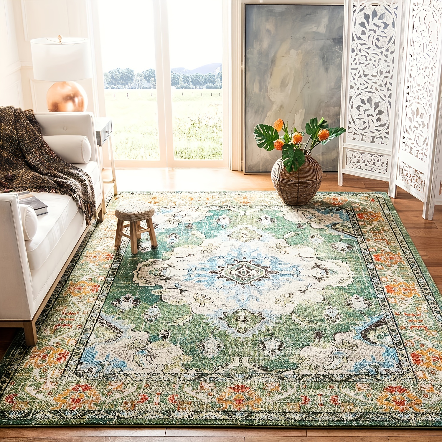 Vintage Rug in the Kitchen - Bright Green Door