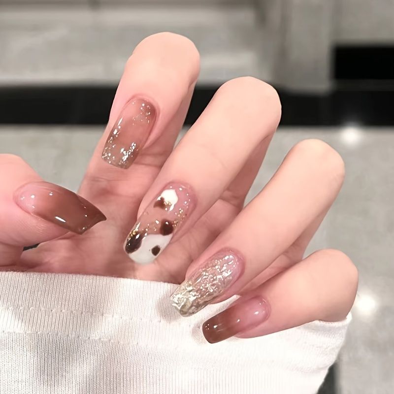 Brown Milk Pattern Fake Nail Full Cover With Glue Press On Nails 24 Pcs  Finger Nail Art Tips For Nail Salons And Women Diy Nail Art | Shop The  Latest Trends | Temu