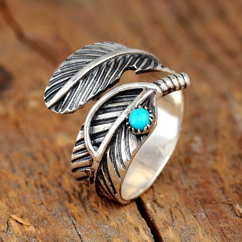 

Vintage Leaf Ring Silver Plated Inlaid Turquoise Adjustable Wrap Ring Match Daily Outfits Suitable For Men And Women Summer Beach Decor
