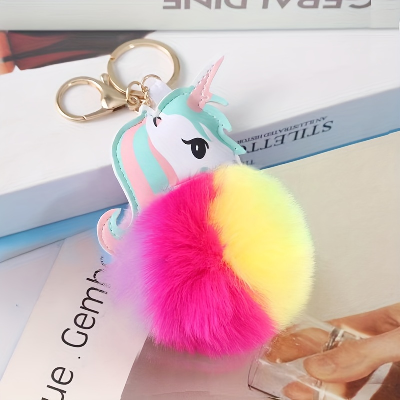 1pc White Plush Cute Unicorn Pom Pom Keychain For Bag, 1pc Faux Plush  Rabbit Ball Keychain & 1pc Plush Pony Car Decoration