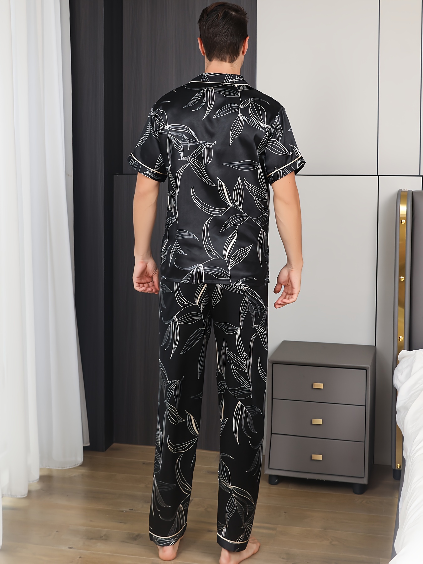 Men's Long Sleeve Ice Silk Pajamas Set Button Pocket Shirt - Temu