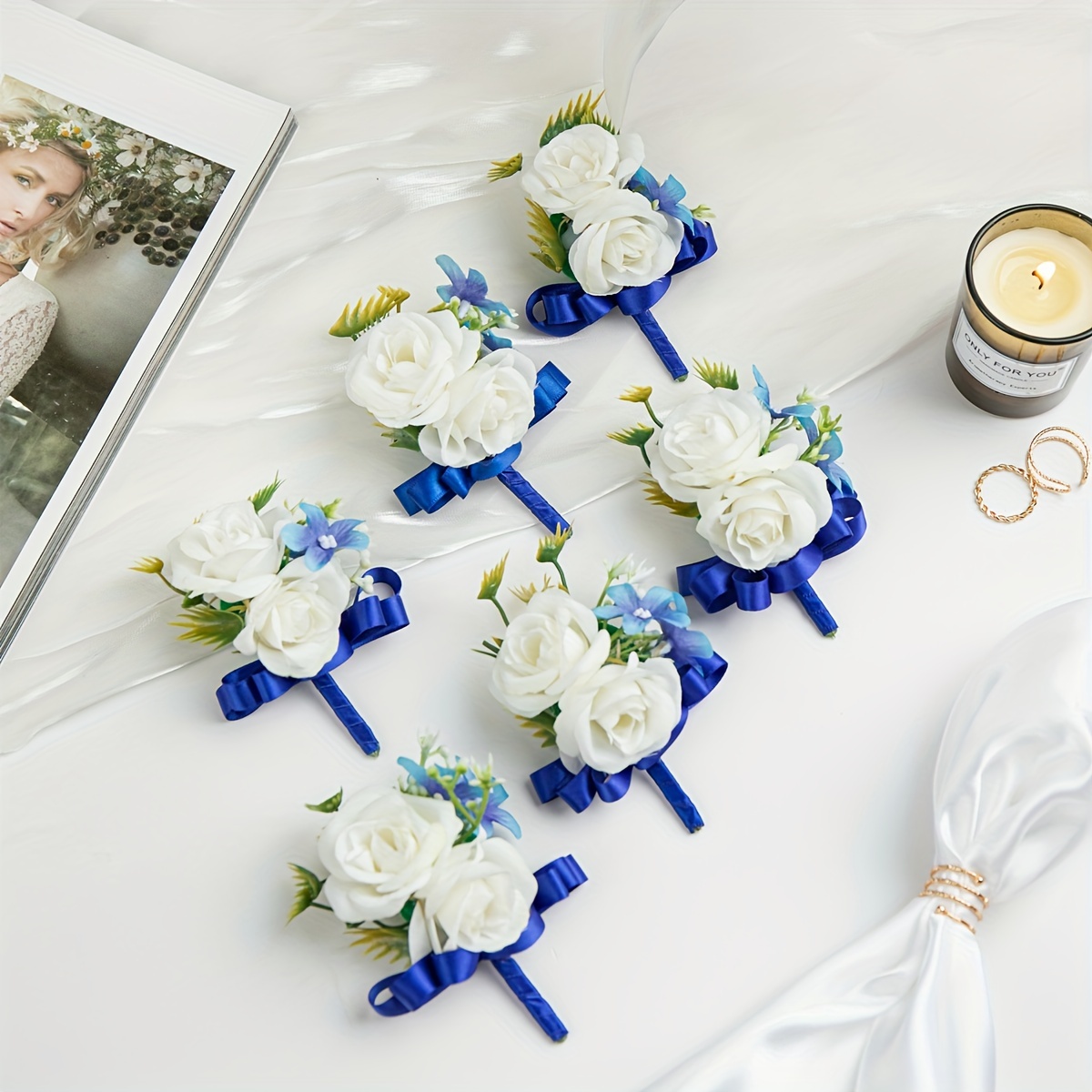 White Rose Boutonniere with Blue Ribbon