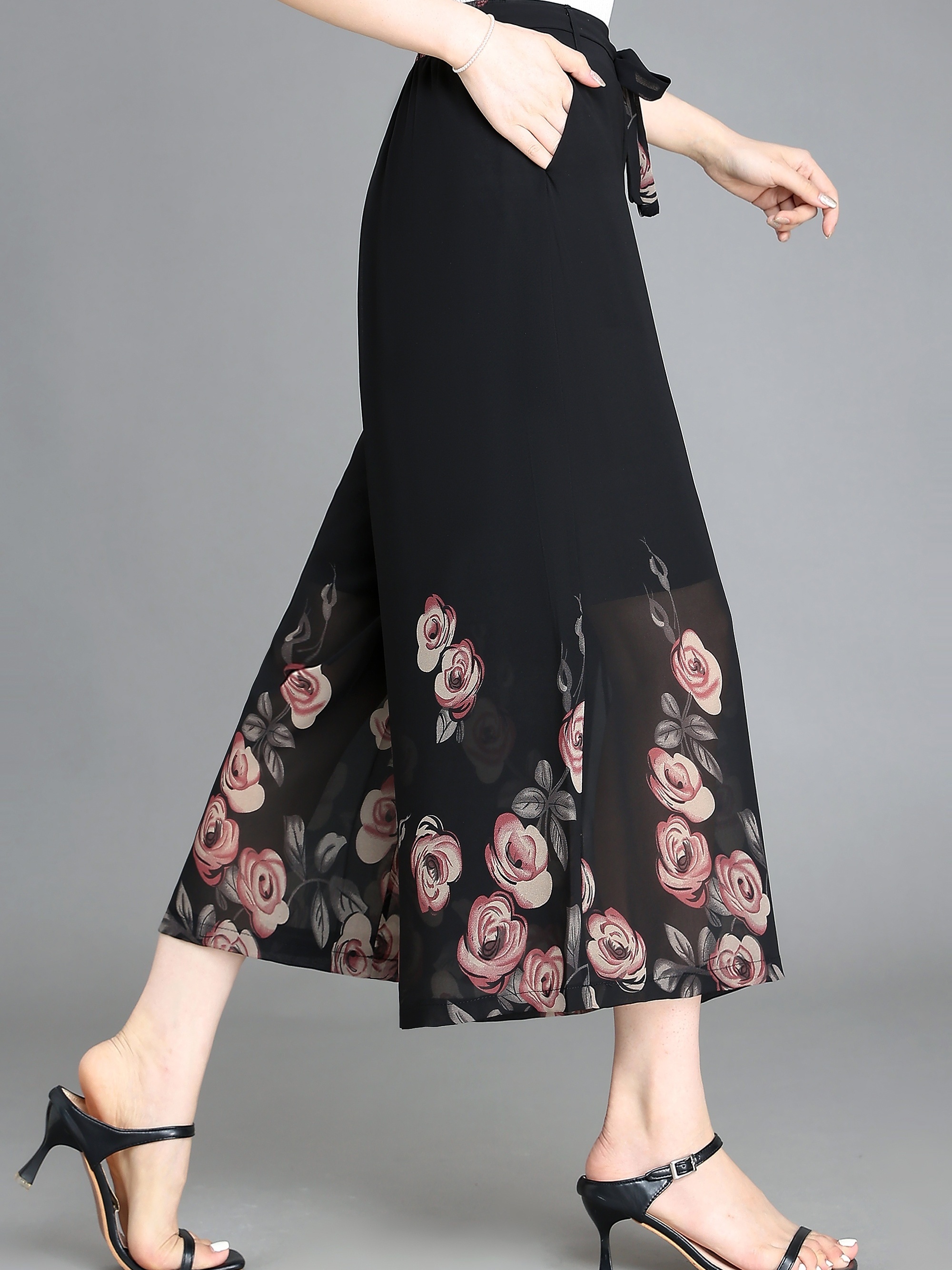 Floral Pattern Chiffon Cropped Wide Leg Pants Casual Belted - Temu