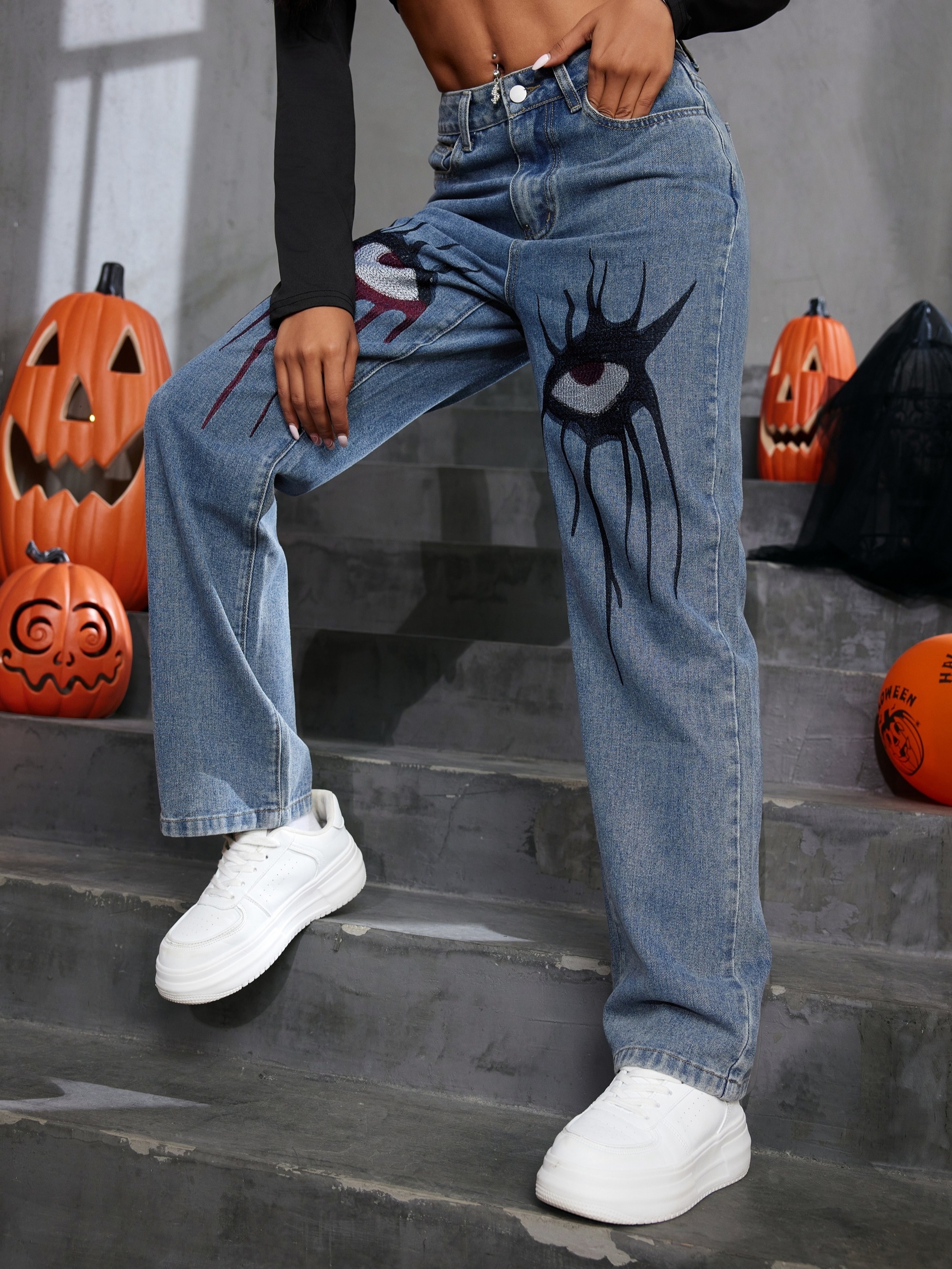 Halloween Pattern Casual Straight Loose Fit Slant Pockets Denim Trousers, Women's Denim Jeans & Clothing - Temu