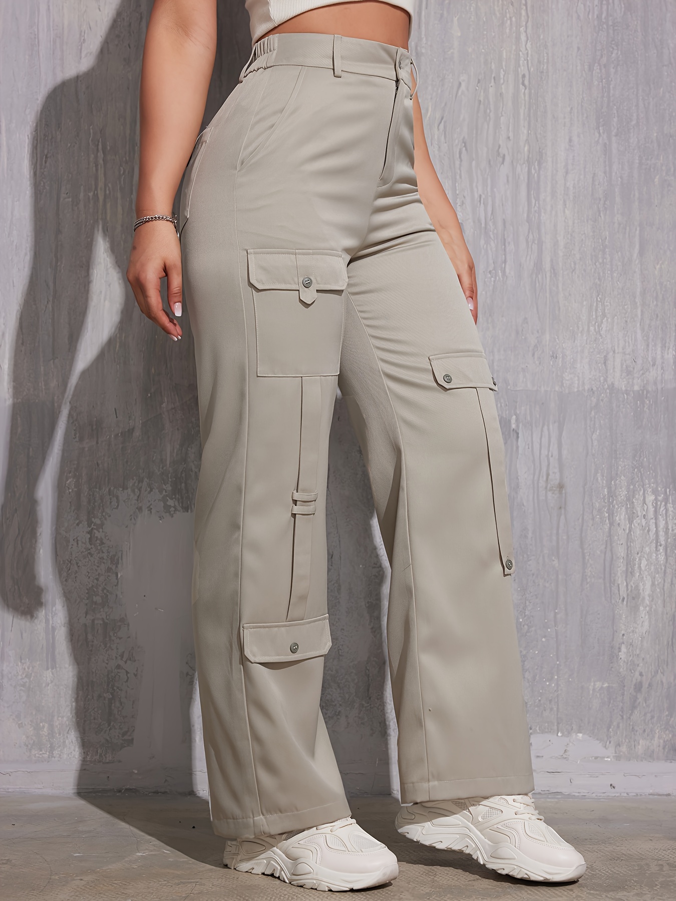 Solid Straight Leg Cargo Pants, Casual High Waist Fashion Pants With  Pocket, Women's Clothing