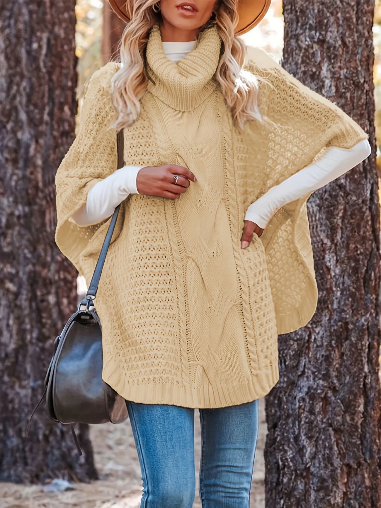 Solid Turtle Neck Cable Knit Sweater, Casual Fashion Loose Poncho Sweater,  Women's Clothing - Temu