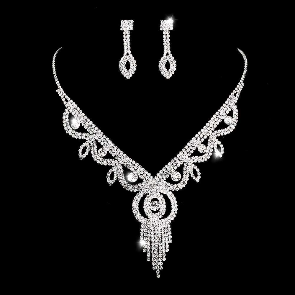 Women's Glitter Crystal Necklace Earring Jewelry Set Silver - Temu