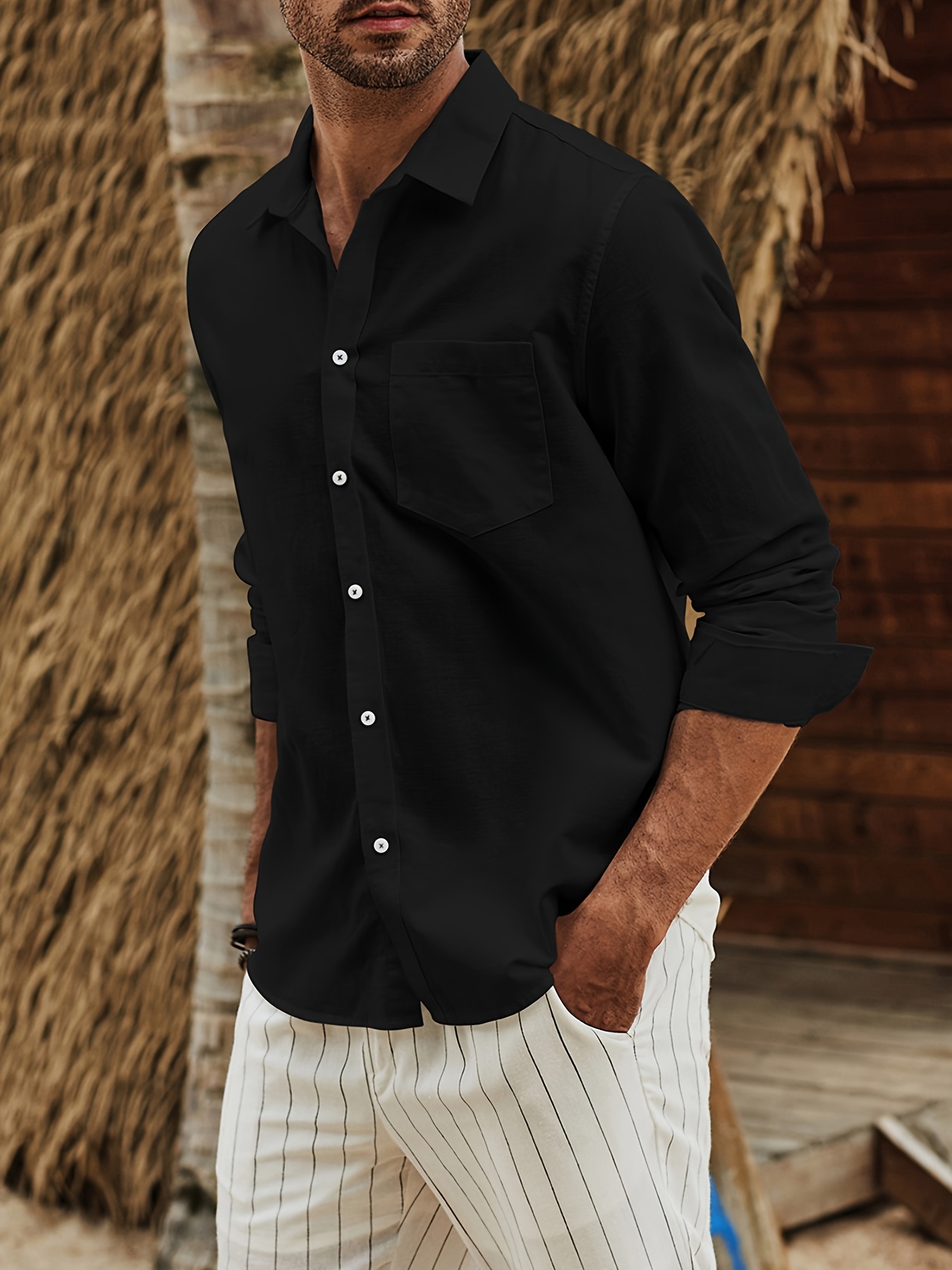 Cotton Linen Blend Men's Shirt Top Solid Lapel Long Sleeve - Temu