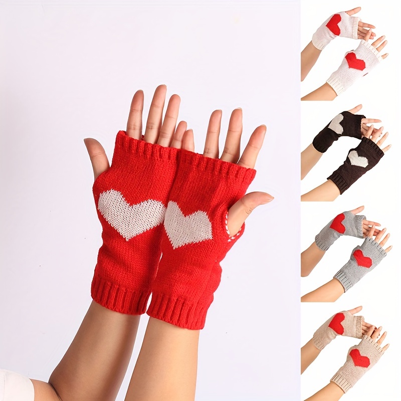 Love Heart Jacquard Knit Gloves Short Thick Soft Warm - Temu