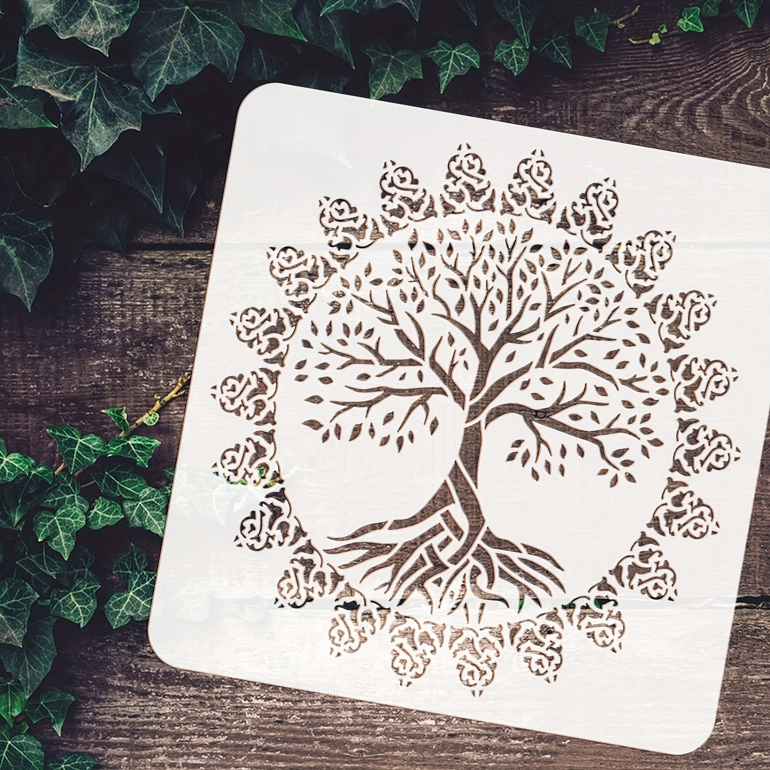 

1pc Mandala Tree Of Life Stencil 11.8x11.8inch Reusable Washable Painting Stencil Mandala Flower Template Round Flower Tree Pattern Stencil For Home School Wall Floor Door Decor