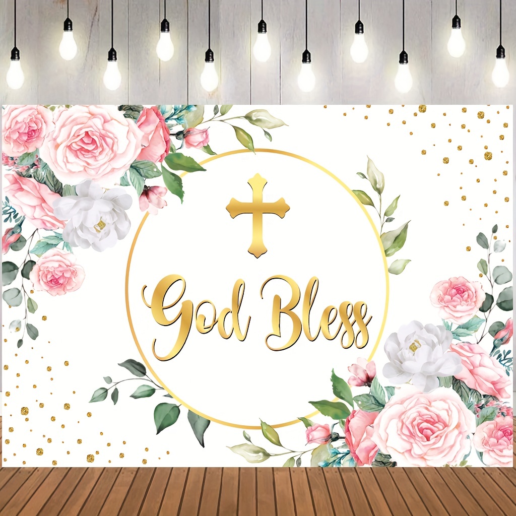 Fondo redondo de Primera Comunión para niña, decoración de cruz dorada,  Grial, Dios bendice, estudio de