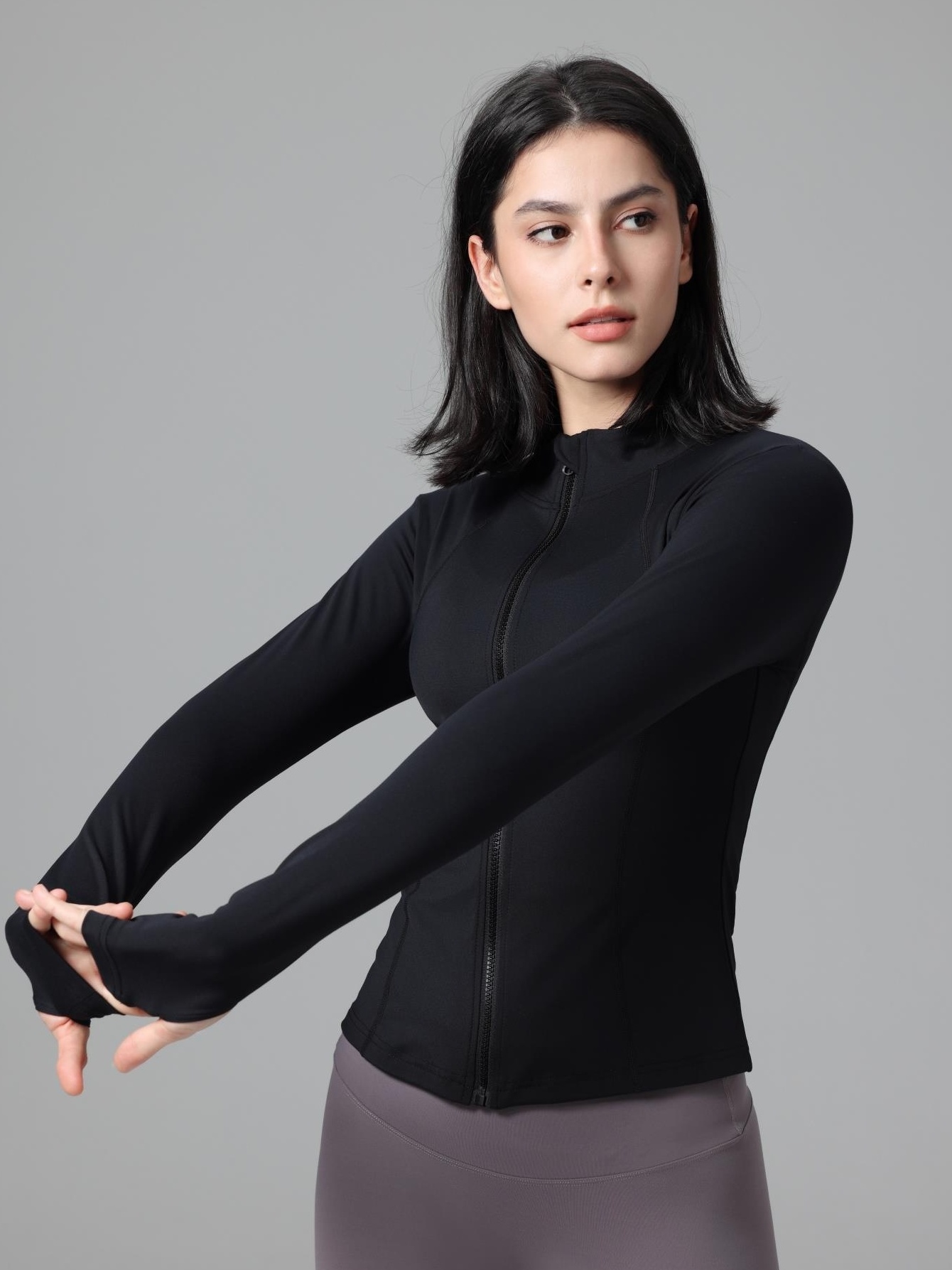 Solid Crew Neck Full Zipper Front Yoga Sports Jacket, Long Sleeve Thumb  Hole Fitting Running Coat, Women's Activewear
