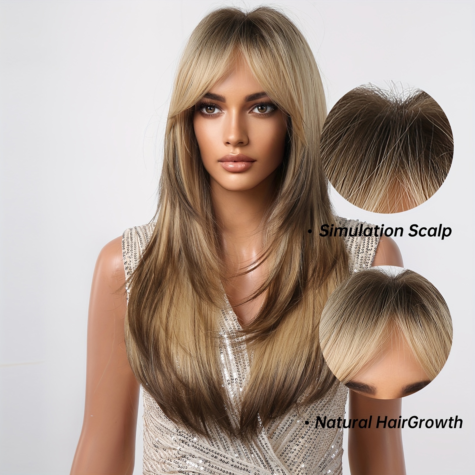 blonde ombre brown 20 inch long straight layered hair wigs with bangs synthetic   wigs for daily party or cosplay   photos wear