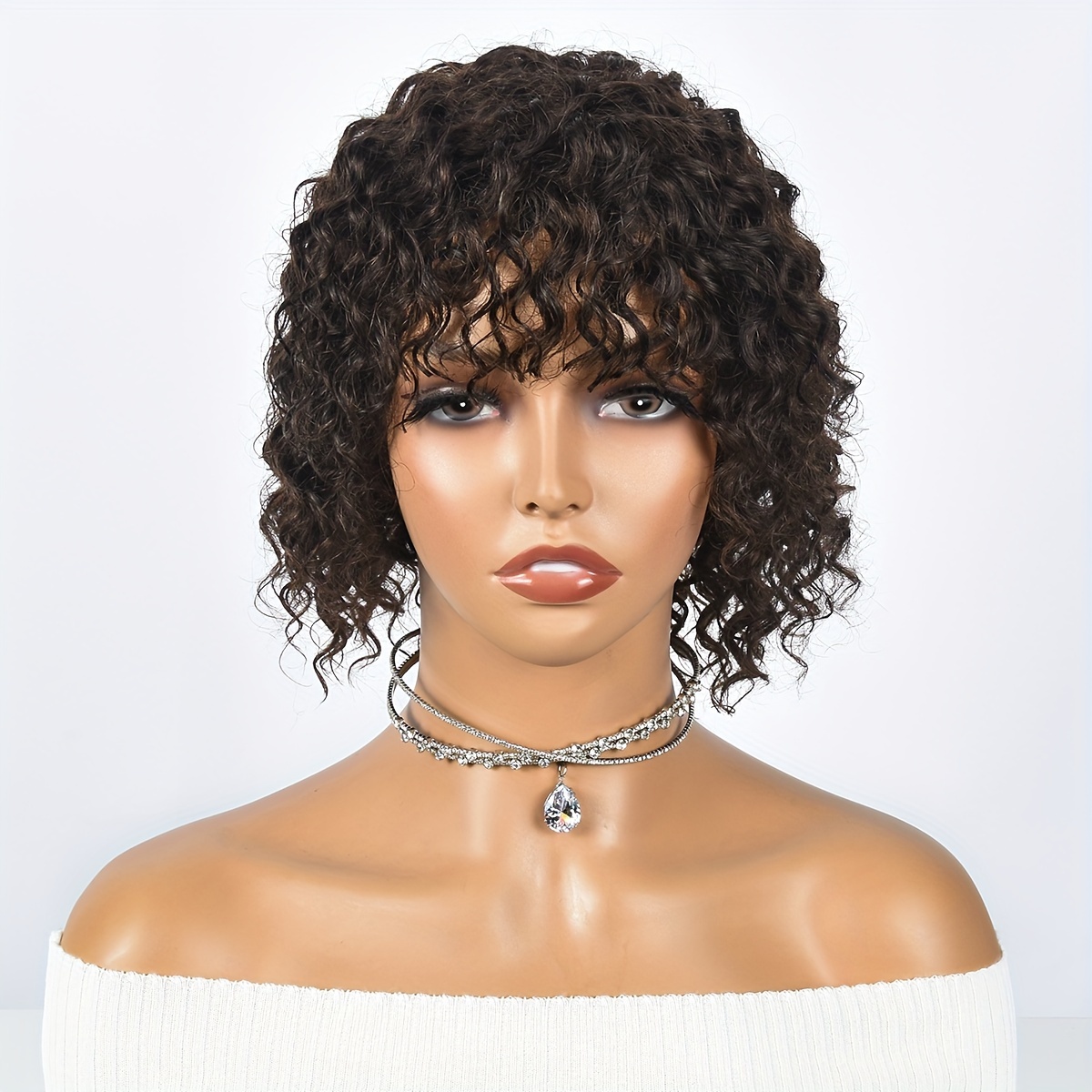 

Hair Machine Made Culry Wig With Fringes 8 Inch 180% Density