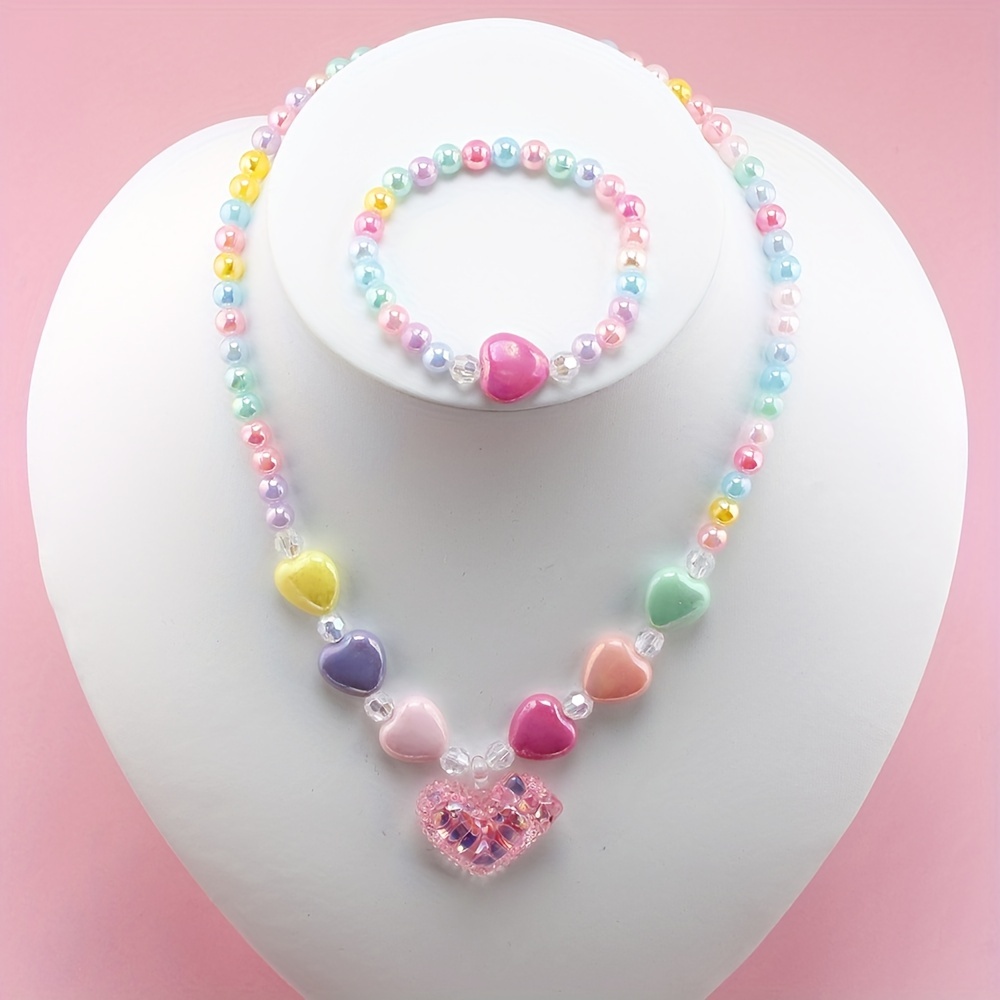 

2pcs Girls Peach Heart Pendant Charm Colorful Beaded Necklace Bracelet Set Color Random