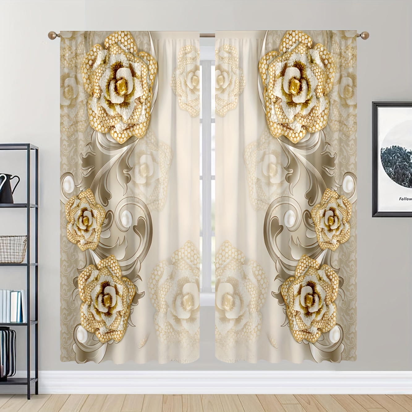 1pc Cortinas Textura Lino Estampado Patrón Floral En Dorado - Temu