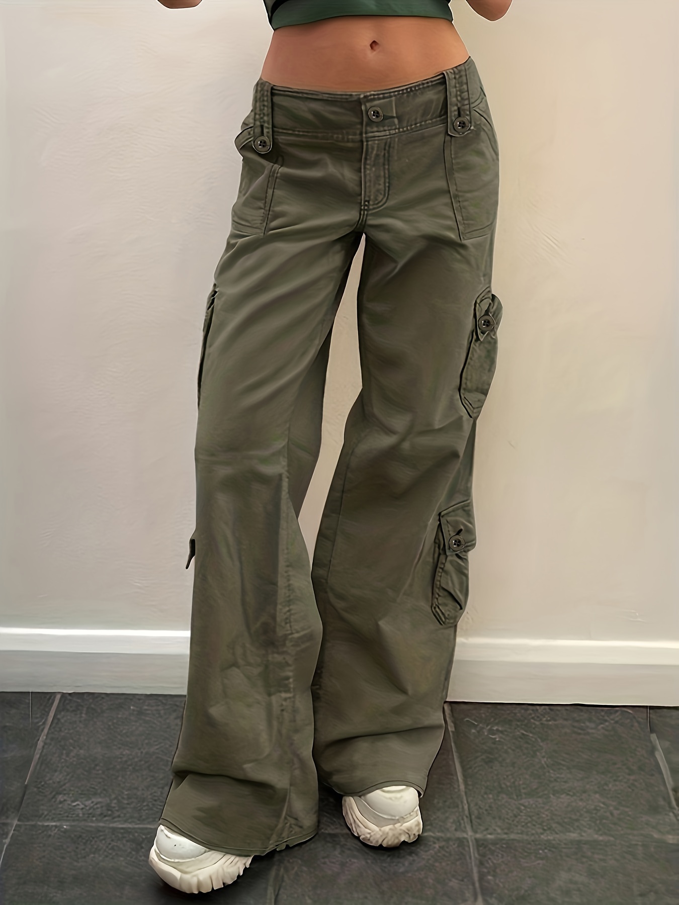 Fashion Alt Army Military Denim Trousers Green Cargo Cyber Y2k
