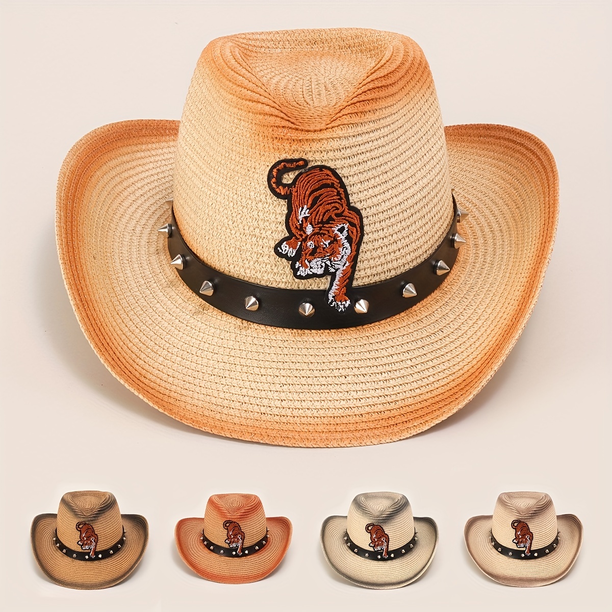 Rivet Belt Gradient Color Jazz Cowboy Straw Hat Summer Outdoor