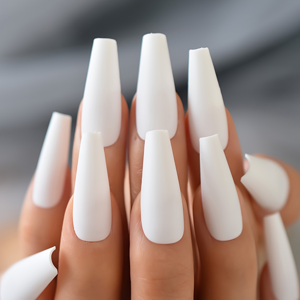 24pcs Matte Long Coffin Fake Nails, Pure White Ballet Press On Nails,  Minimalist Style Full Coverage False Nails For Women Girls