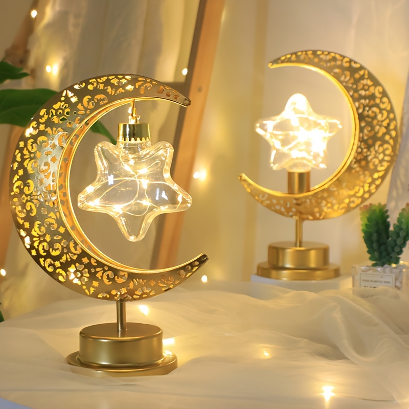 Desk Lamp Ambient Light Table Moon Light Wrought Iron Bedroom Ornament  Hollow Out Ramadan LED Decorations Muslim