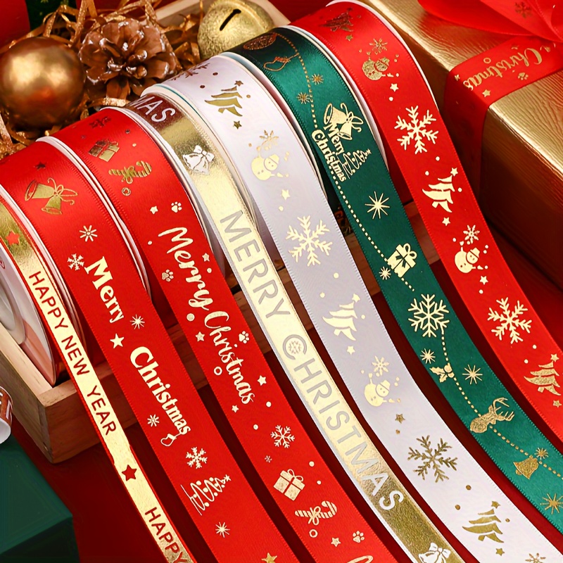 Green 2.5cm Christmas Ribbon With Hot Gold Stamping, Gift Box