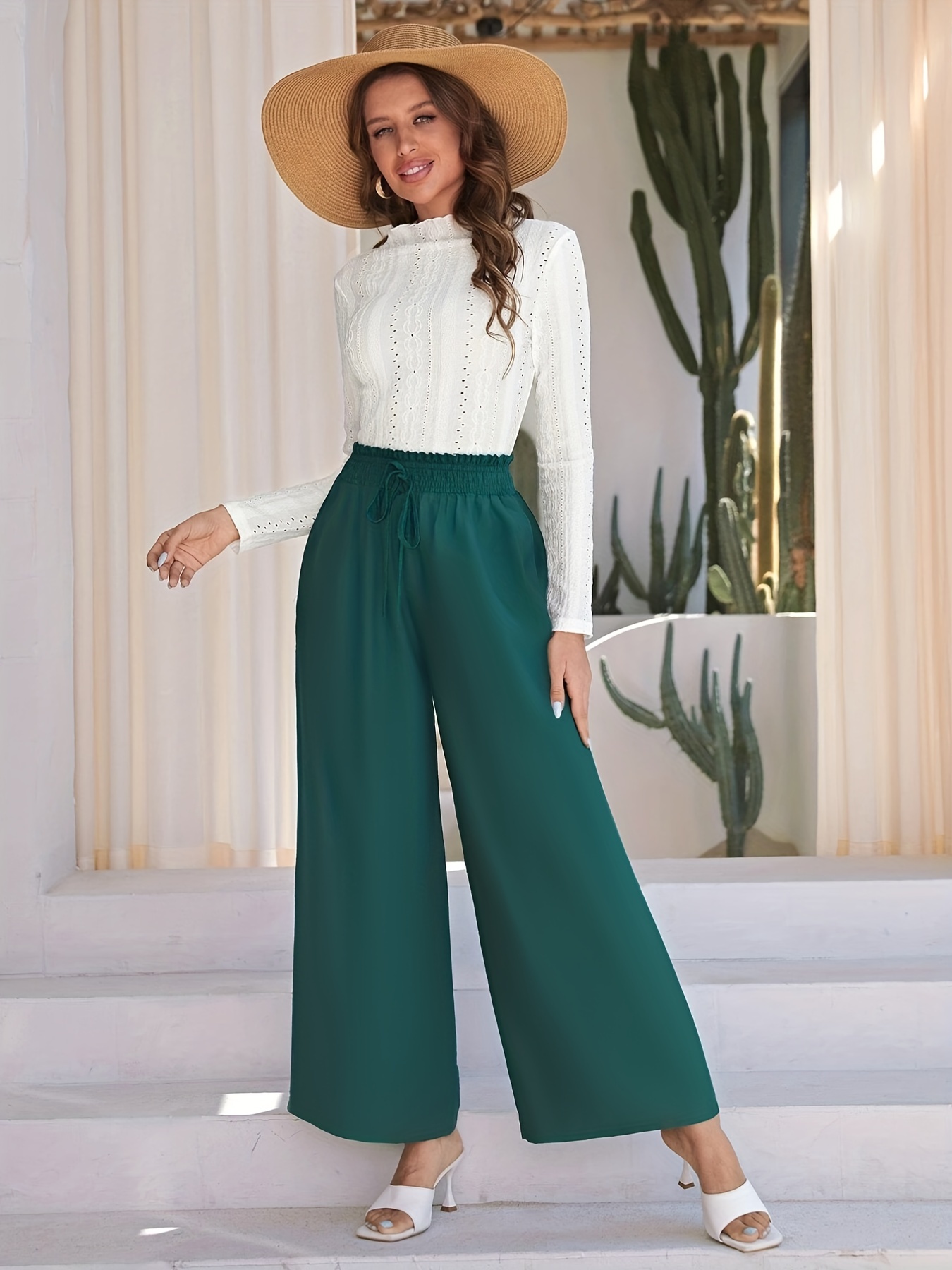 Solid Wide Leg Pants, Casual Paper Bag Waist Pants For Spring & Fall,  Women's Clothing