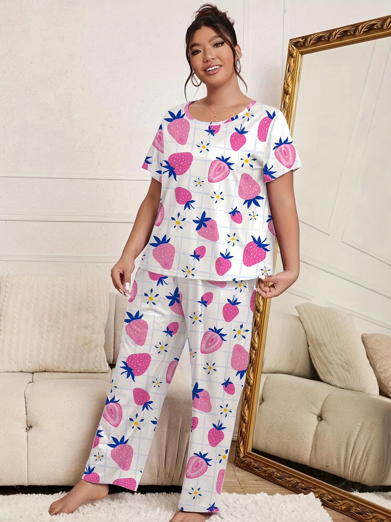 Plus Size Casual Lounge Set, Women's Plus Cute Cat Print Short Sleeve Tee &  Striped Pants Pajama Two Piece Set - Temu