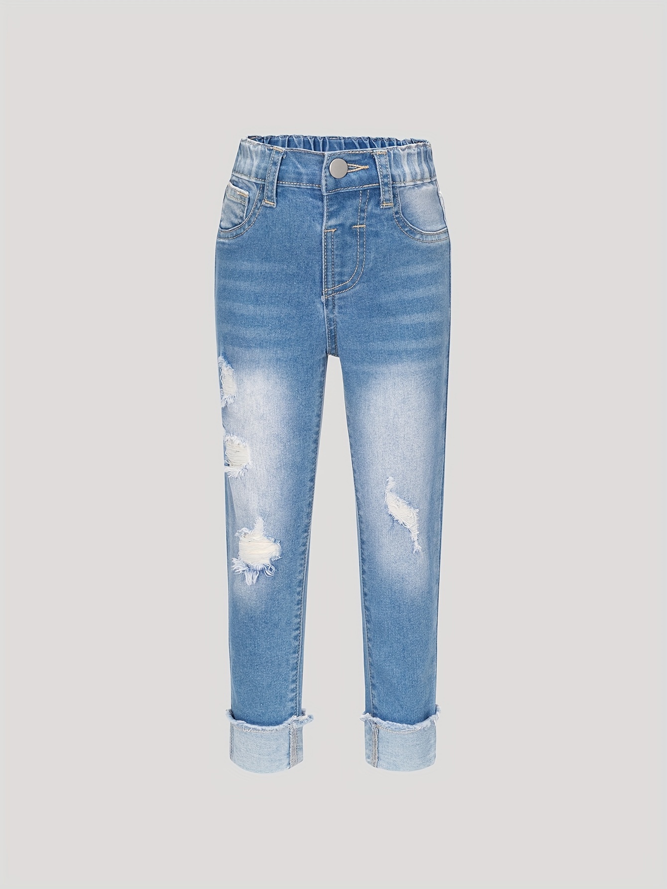 Girls Casual Ripped Denim Pants Comfortable Breathable Jeans - Temu