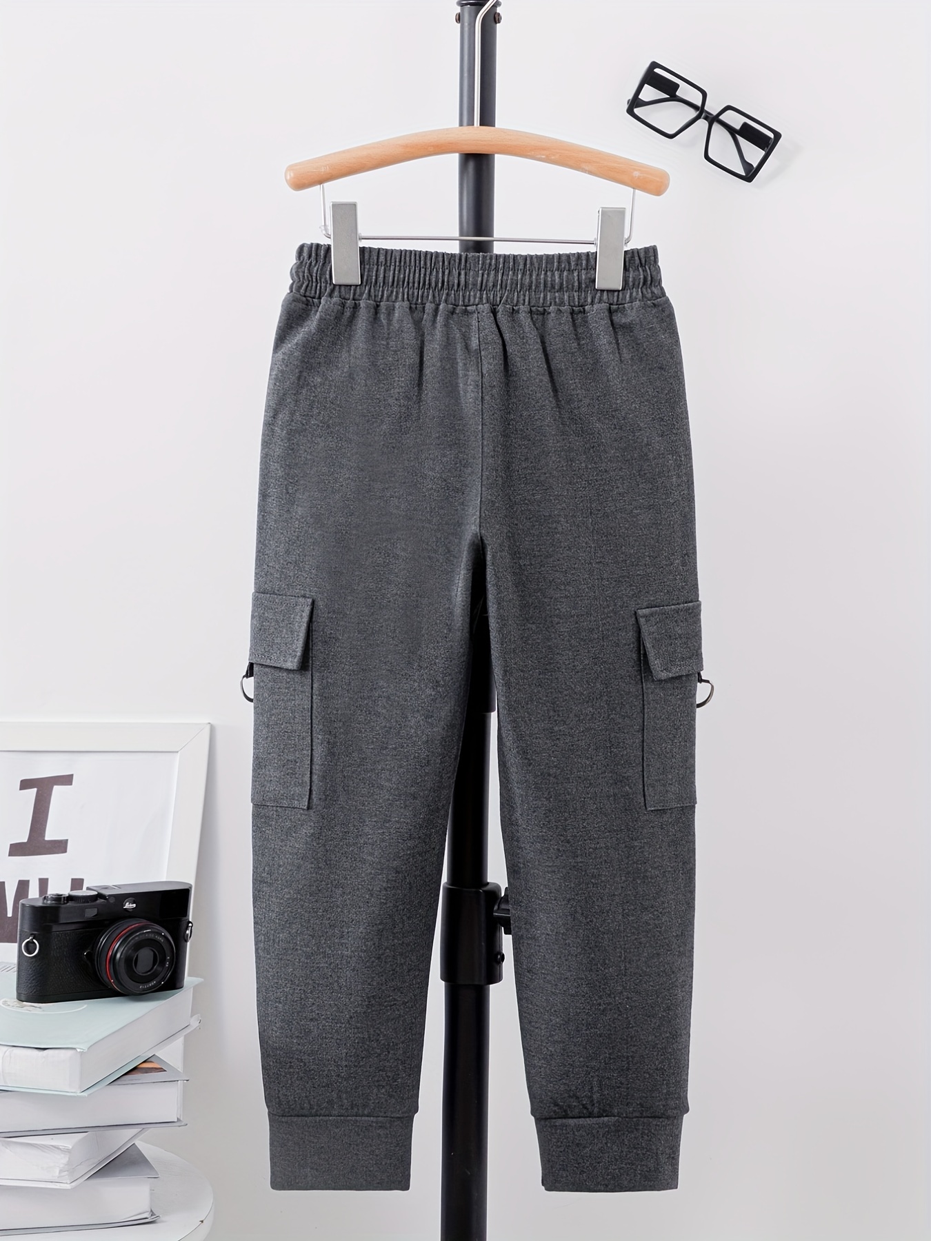 Boys Casual Solid Cargo Pants Elastic Waist Jogger Pants