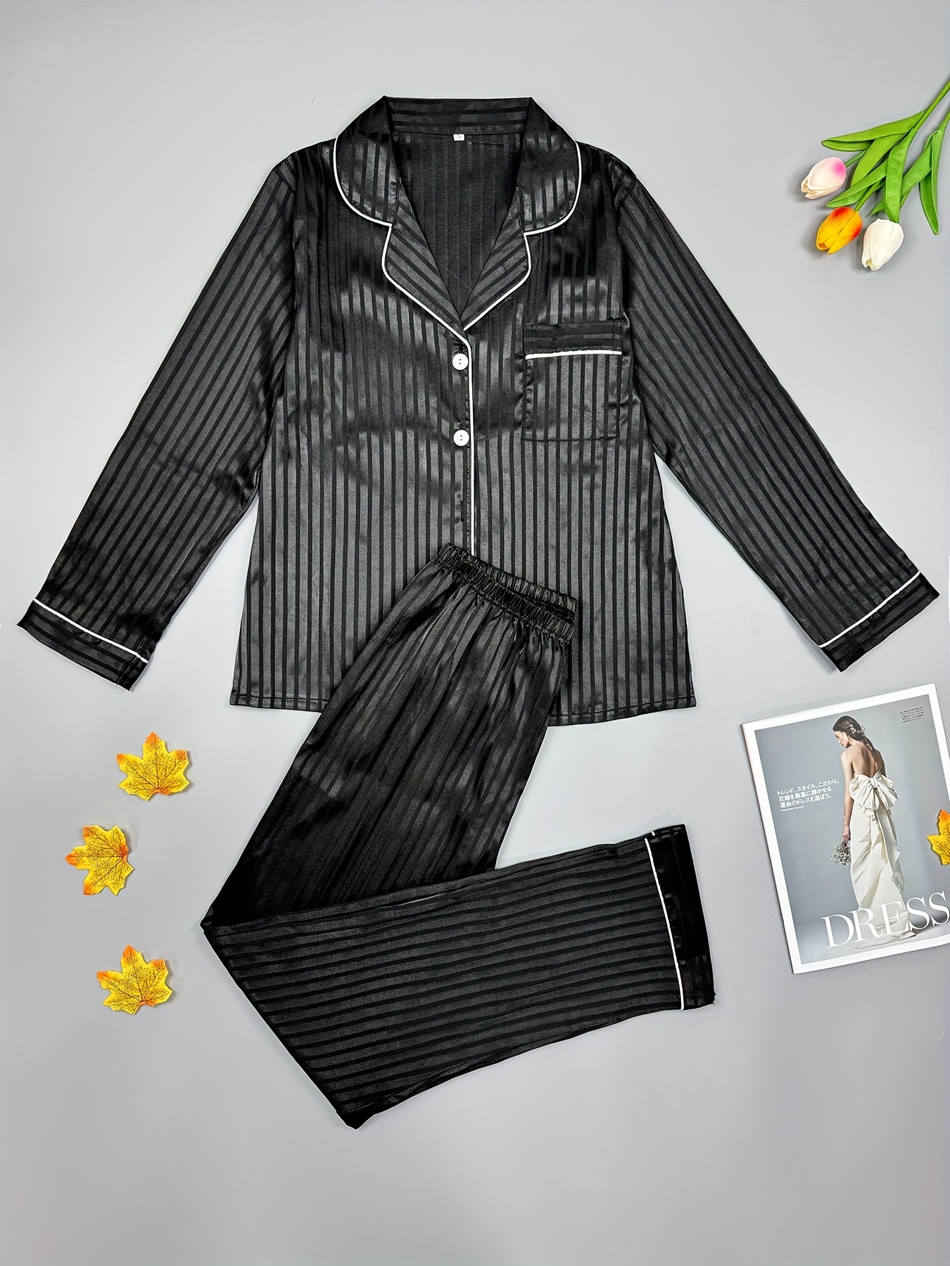 Black And White Striped Silk Pajama Set For Women