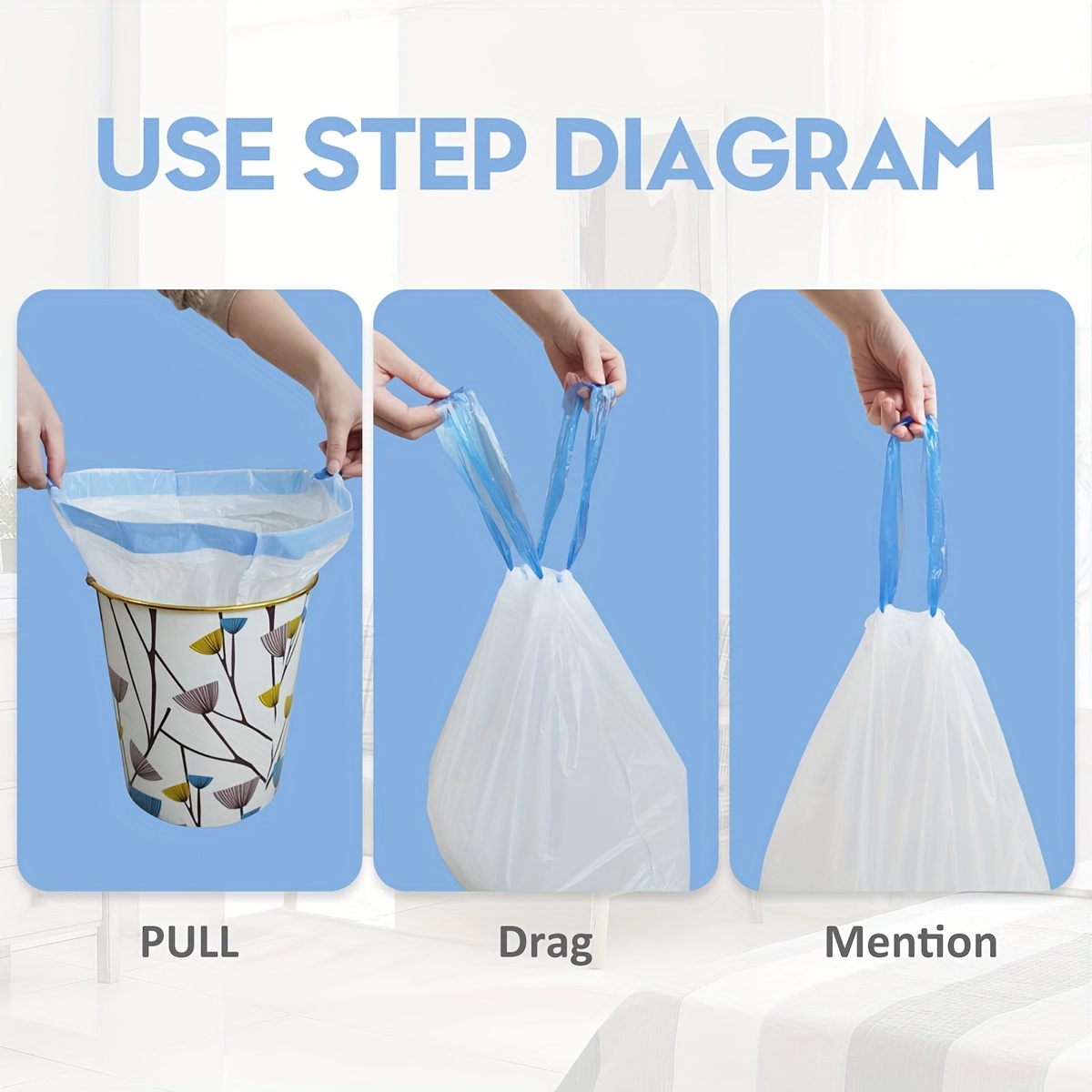 15pcs/roll Drawstring Trash Bags With Automatic Closing, Easy To Close By  Tearing Off