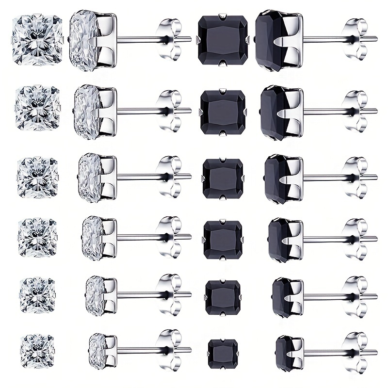 Squared Cubic Zirconia Ear Studs for Men - Pair 3mm