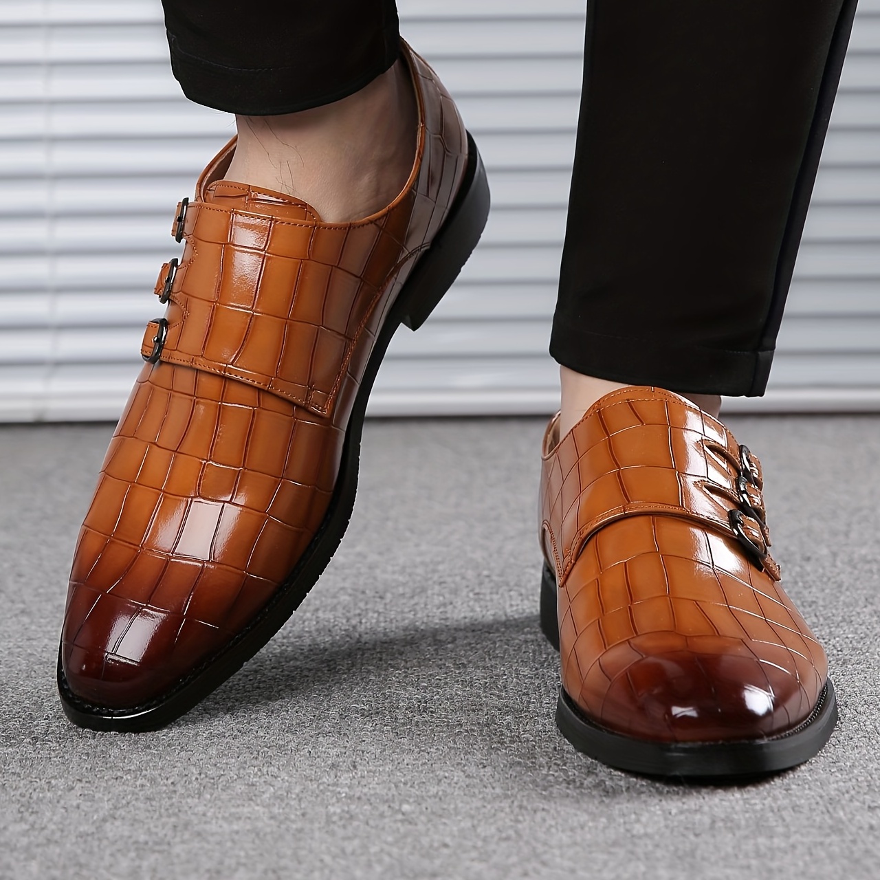 mens trendy outdoor plaid print slip on buckle smart casual dress shoes free shipping on items shipped from temu