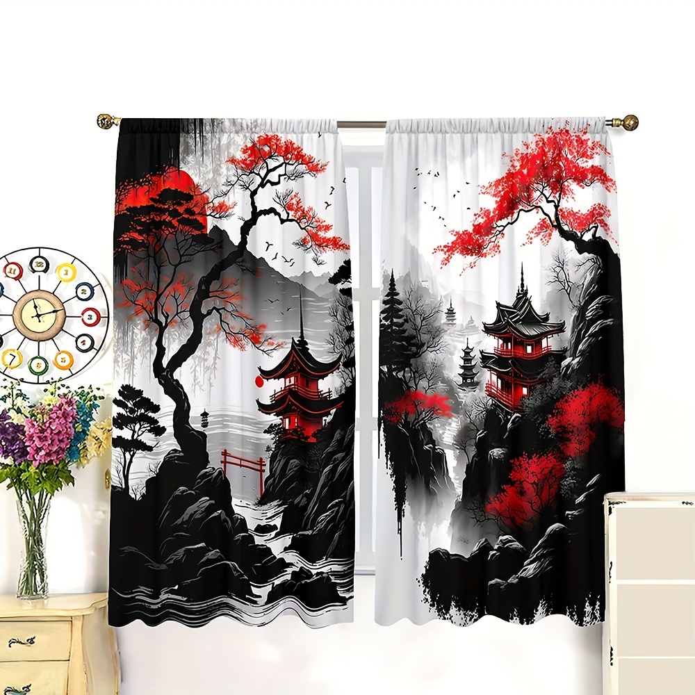 2pcs japanese mountain ink painting print curtain rod pocket mount digital printing curtains polyester material suitable for living room clothes kitchen bedroom study home decor details 5