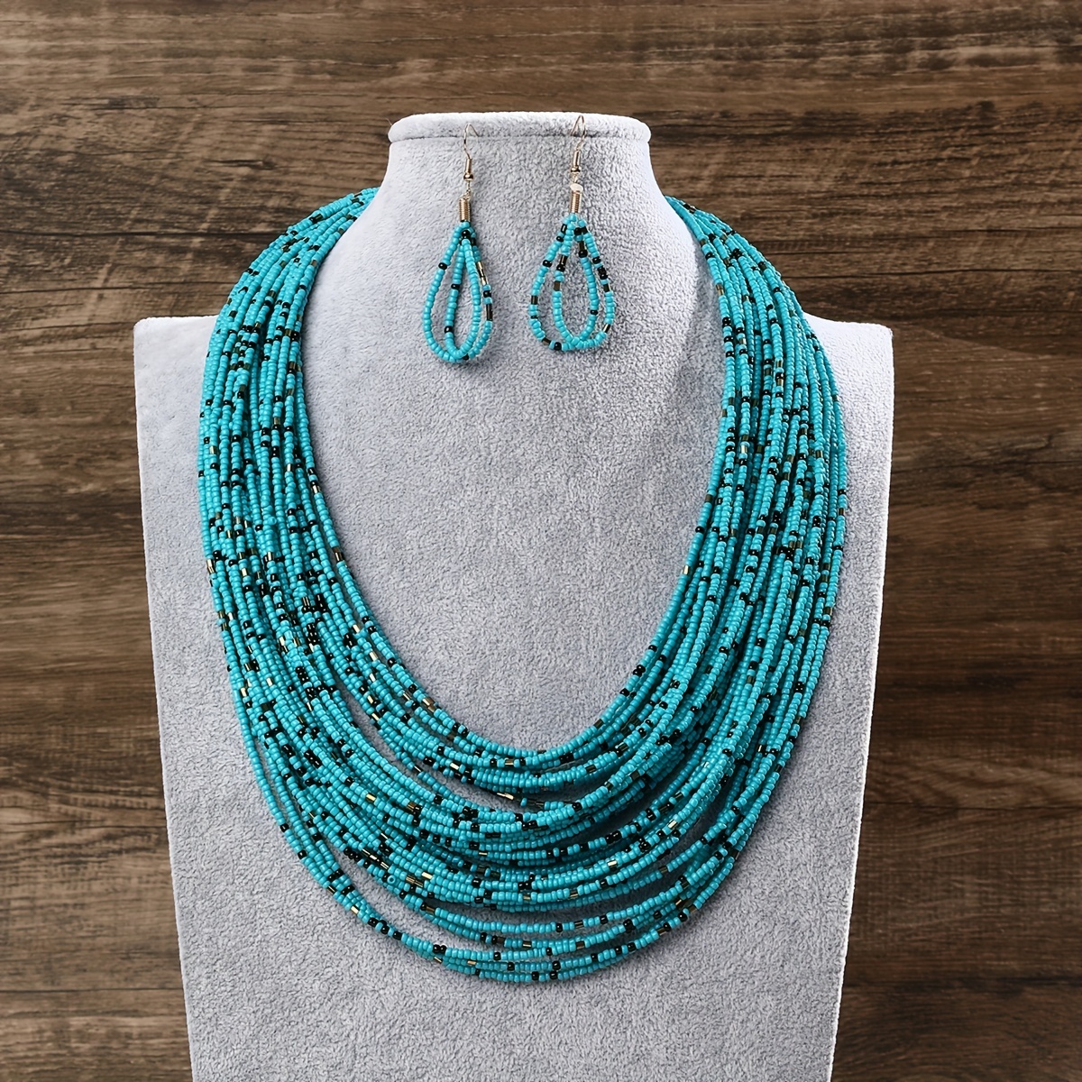 

3pcs Earrings Plus Necklace Boho Style Jewelry Set Made Of Tiny Beads Trendy Multi Layer Design Match Daily Outfits
