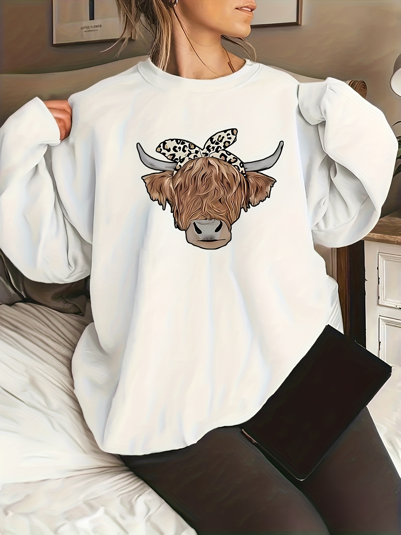 Plus Size Cow Print Long Sleeve Round Neck Nightdress - Temu