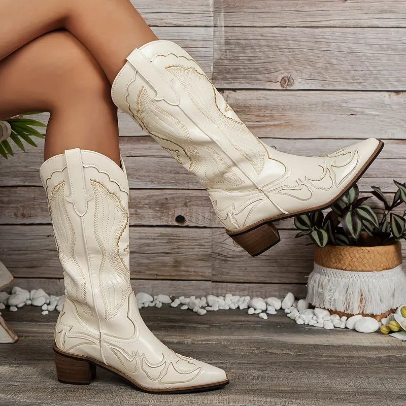Women's Retro Western Boots Fashion Pointed Toe Embroidered - Temu