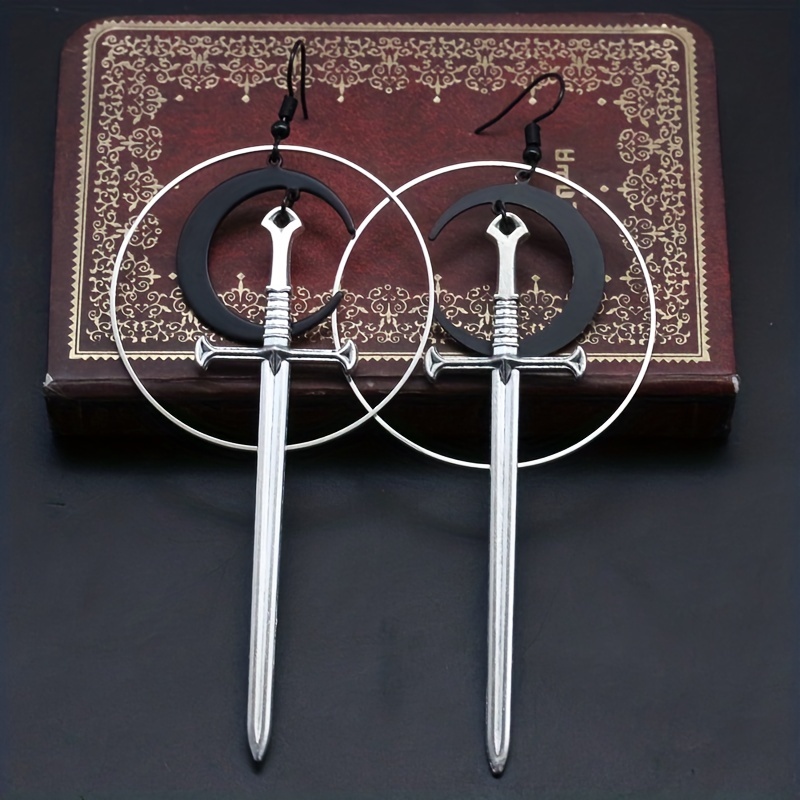 Moon Silvery Sword Hollow Circle Dangle Earrings, Goth Style