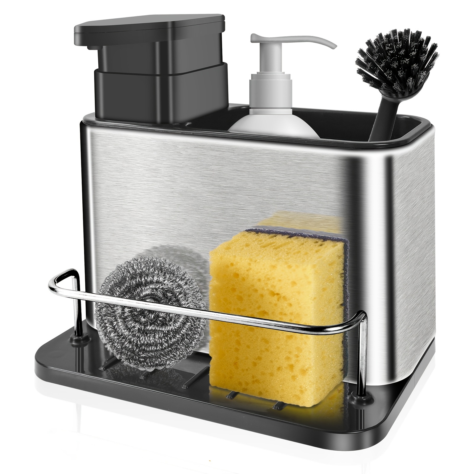 Aeakey Soap Dispenser,Dish Soap Dispenser for Kitchen,Sponge Holder Sink  Dish Washing Soap Dispenser 13 Ounces (Silver)