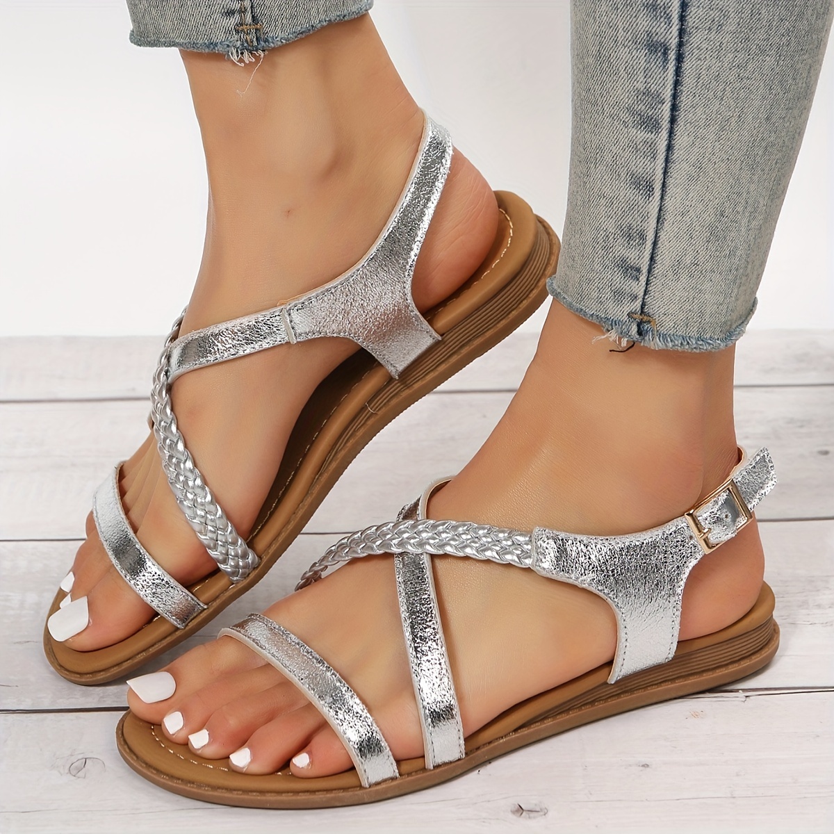 

Women's Crossover Strap Flat Sandals, Open Toe Elastic Strap Slip On Shoes, Summer Beach Sandals