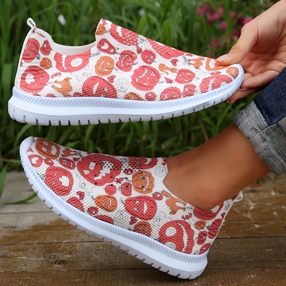 Women's Cartoon Print Knitted Sneakers, Slip On Shock Absorption Flat  Sporty Shoes, Lightweight Low-top Casual Shoes