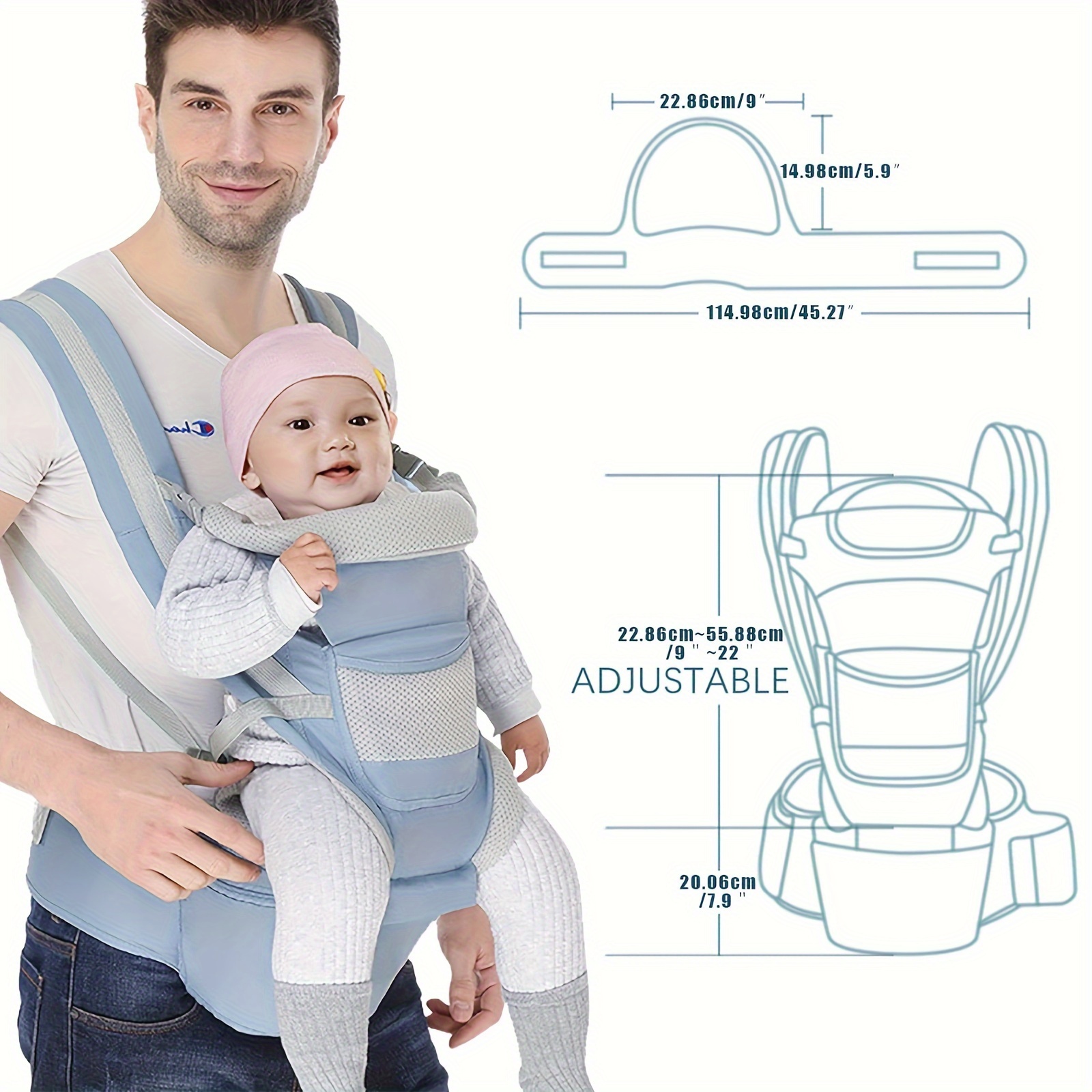 Viedouce Portabebés ergonómico con asiento de cadera/algodón puro, ligero y  transpirable/multiposición: dorsal, ventral, ajustable para recién nacidos