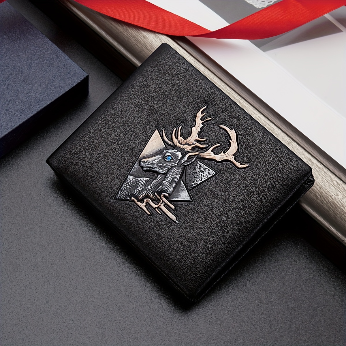 

Bison Denim Genuine Leather Wallet, Vintage Black Elk Pattern Card Holder, Best Gift For Men