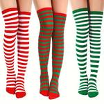 1pair/3pairs Women's Christmas Thigh High Stockings, Plus Size Striped Pattern Warm Soft Over The Knee Socks