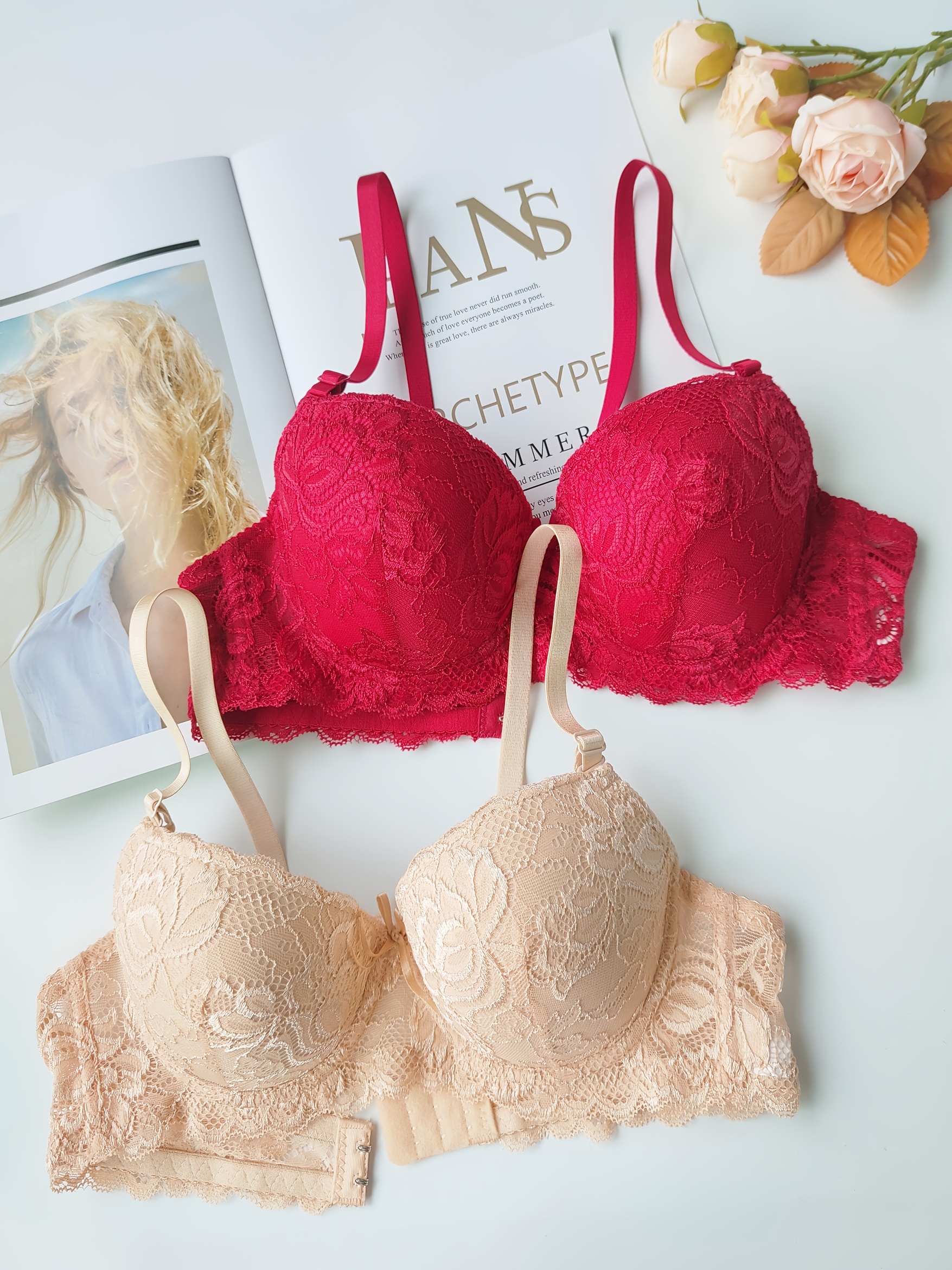 Solid Lace Embroidery Push Padded Bra Small Center Bow - Temu